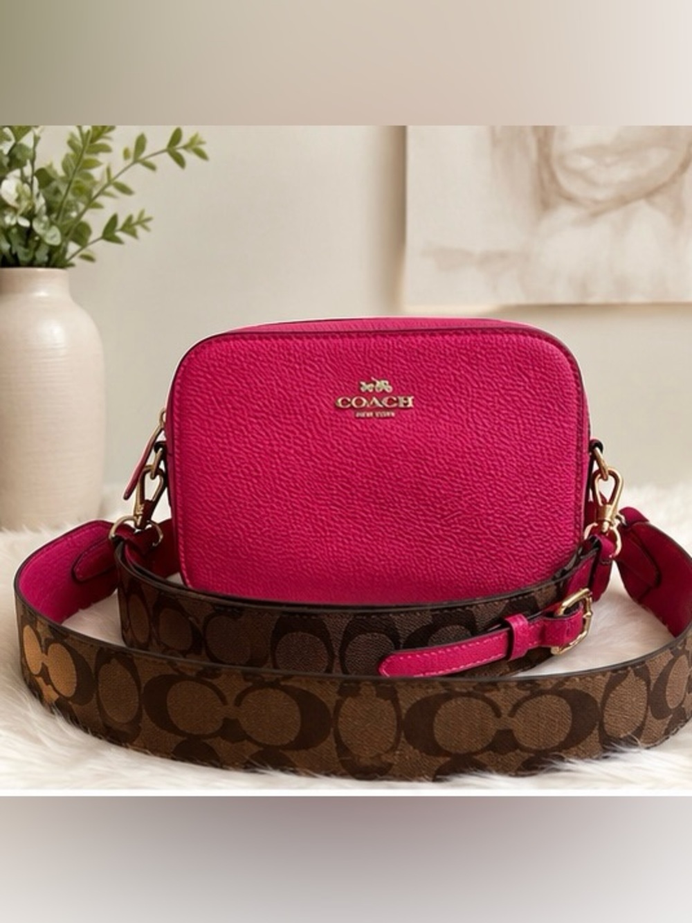 Coach C8375 Bold Pink Mini Camera Crossbody Bag Signature Strap + Dust Bag